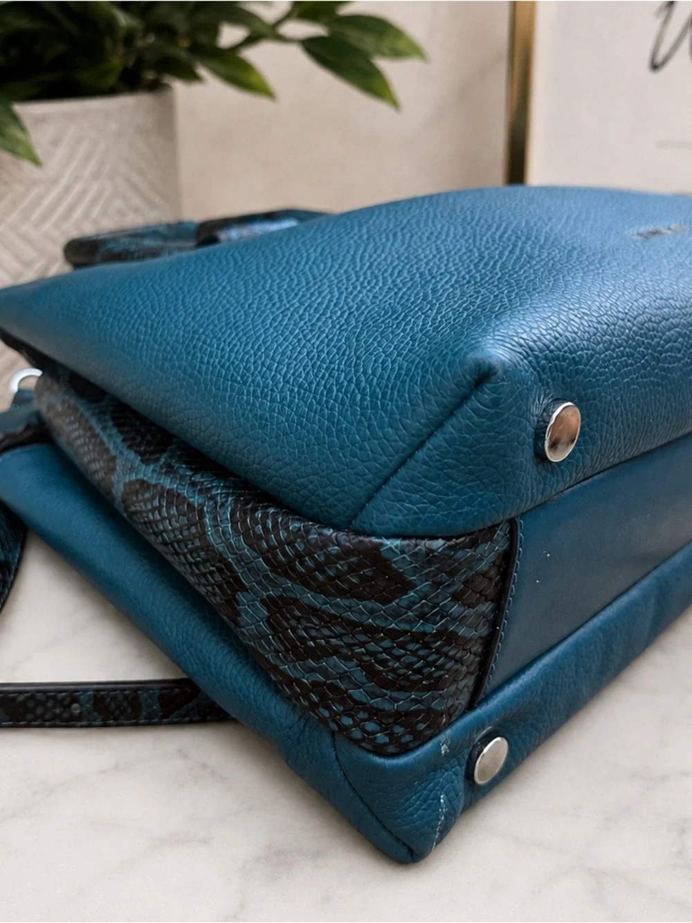 NWT Michael Kors Rollins Large Luxe Teal Leather Snakeskin Satchel